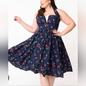 Unique Vintage Navy Cherry Print Halter Dress 14 (6010)